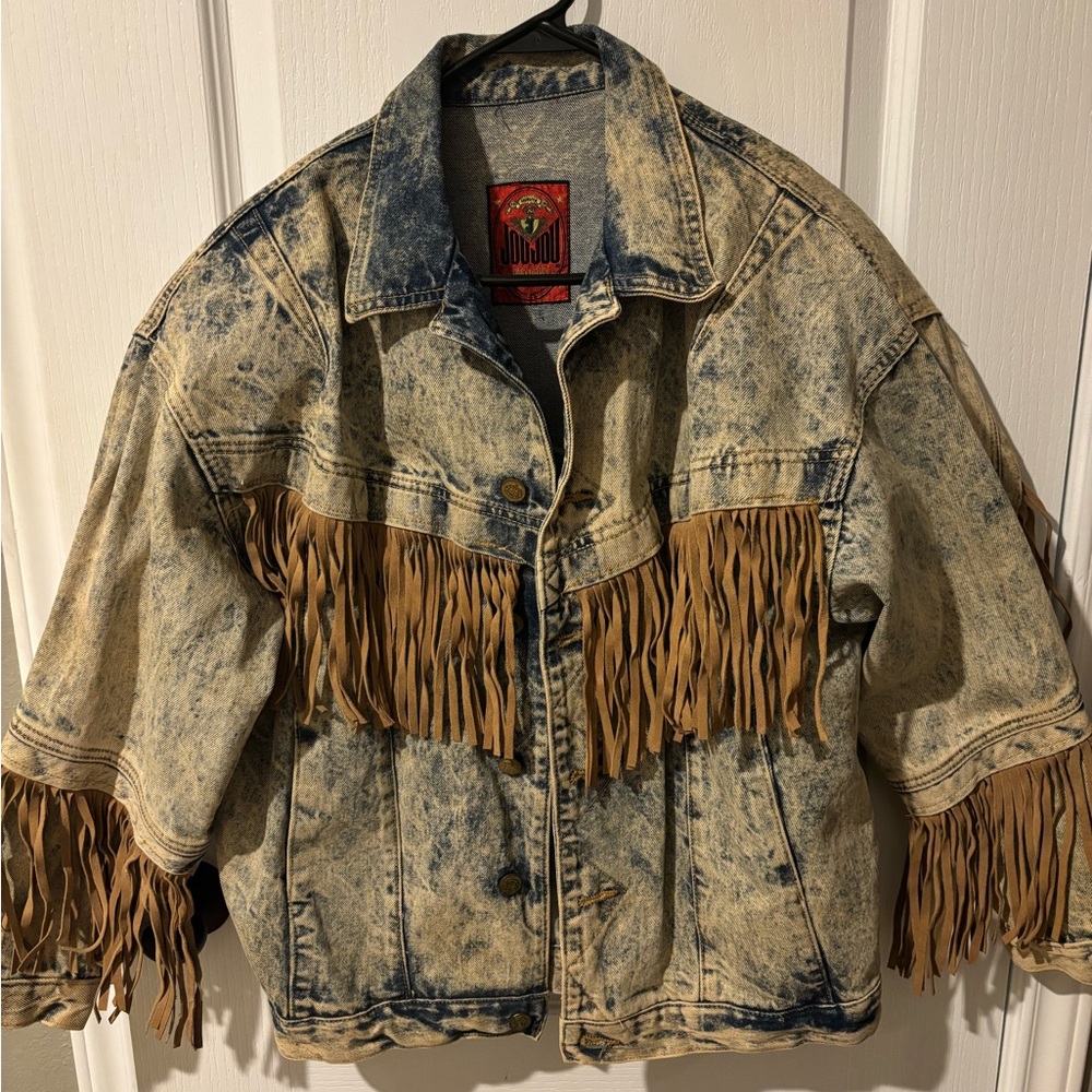 Jou Jou Vintage Denim Acid Wash Jacket with Fringe
